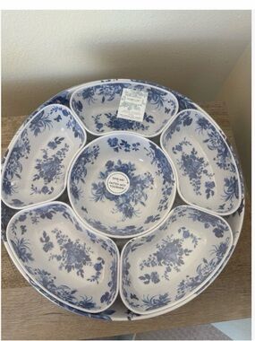 Shabby Chic Melamine Lazy Susan Serving Bowl Plus 6 Bowls  Blue White Floral New